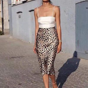 Soowalaoo High Waist Leopard Midi Skirt Hidden Elasticized Waistband Silk